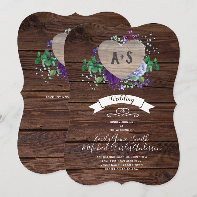 Invitation Mariage Coeur Éternel Inviter Fleurs Bleues Rustiq (Devant / Derrière)