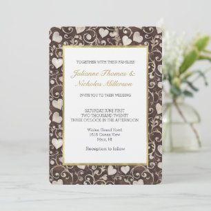 Invitation Mariage Cœurs Crème Marron Romantique
