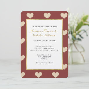 Invitation Mariage coeurs paillettes crème rouge or