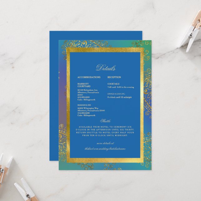 Invitation Mariage coloré Bleu & Or Royal (Devant/Arrière en situation)