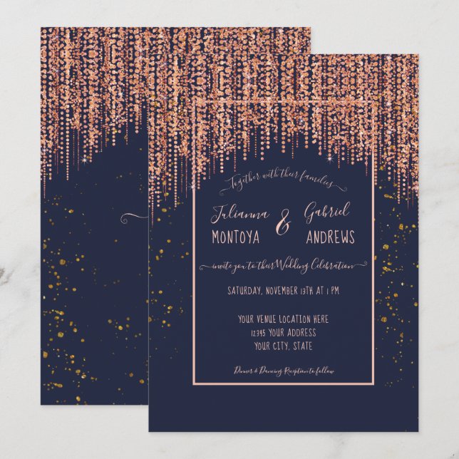 Invitation Mariage Confetti Blush Pailleté Rose Gold Bleu Mar (Devant / Derrière)