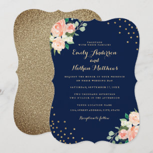 Invitation Mariage Confetti Floral Or Péché Navy Or
