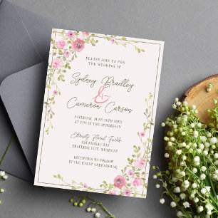 Invitation Mariage conte de fées floral rose et vert vigne de