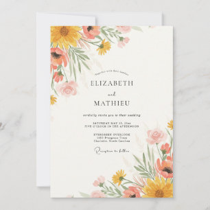 Invitation Mariage contemporain aux fleurs sauvages jaune mou
