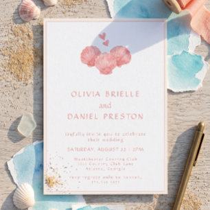 Invitation Mariage Coquilles Roses Aquarelle Plage Côtière
