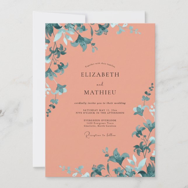 Invitation Mariage Corail Aqua Feuillu (Devant)