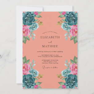 Invitation Mariage Corail Cyan Pivoine