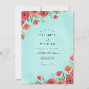 Invitation Mariage Corail Rouge Turquoise