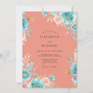 Invitation Mariage Corail Turquoise Pivoine Subtil