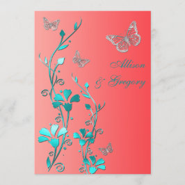 Invitation Mariage| Coral Aqua Grey| Floral| Papillons