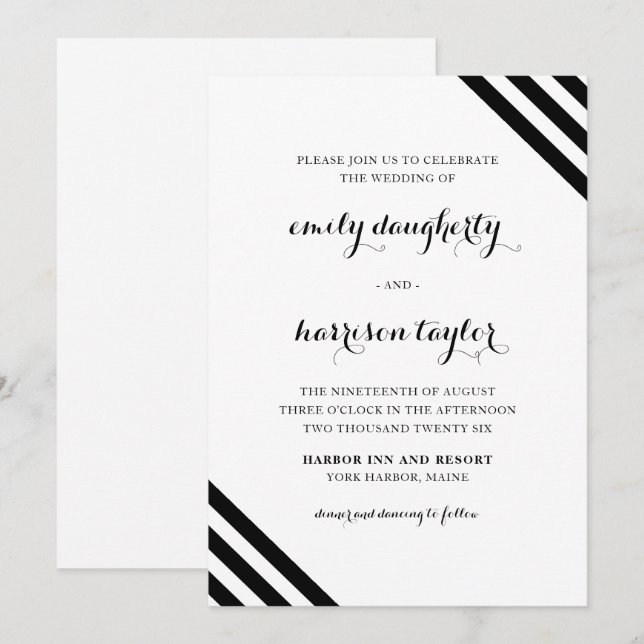 Invitation Mariage côtier Bandes marines Noir et Blanc (Devant / Derrière)