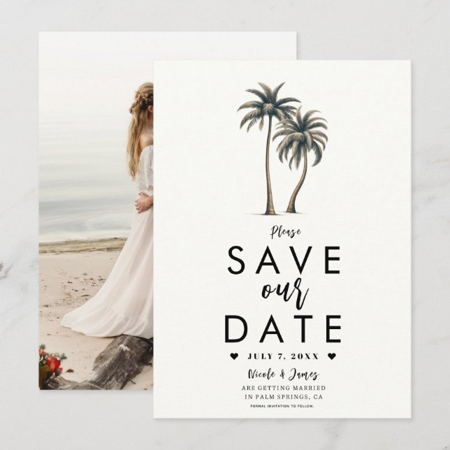 Invitation Mariage côtier de palmiers tropicaux Enregistrer l (Devant / Derrière)