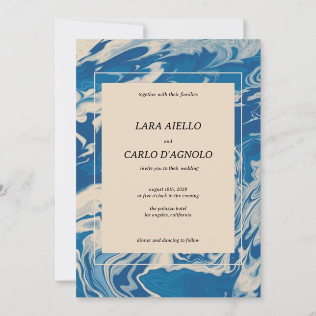 Invitation Mariage côtier moderne marbré bleu (Devant)