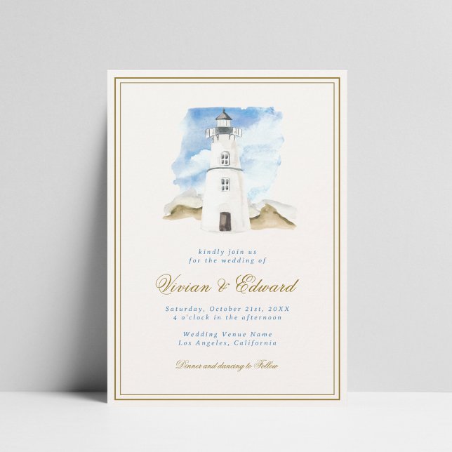 Invitation Mariage côtier nautique du phare d'aquarelle (Créateur téléchargé)