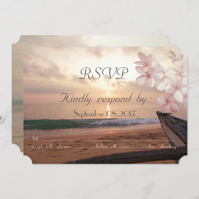 Invitation Mariage Coucher de Soleil sur la Plage, RSVP Plume (Devant / Derrière)