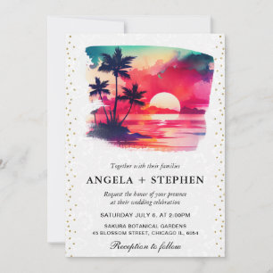 Invitation Mariage coucher de soleil tropical aquarelle sur u