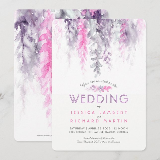 Invitation Mariage couleur Aquarelle vigne rose violet gris (Devant / Derrière)