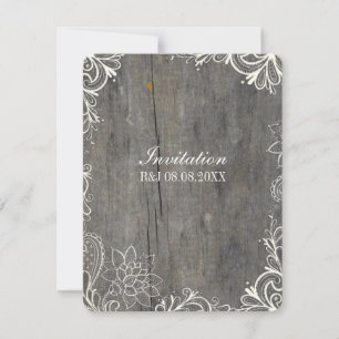 Invitation mariage country bois dentelle flourish swirls