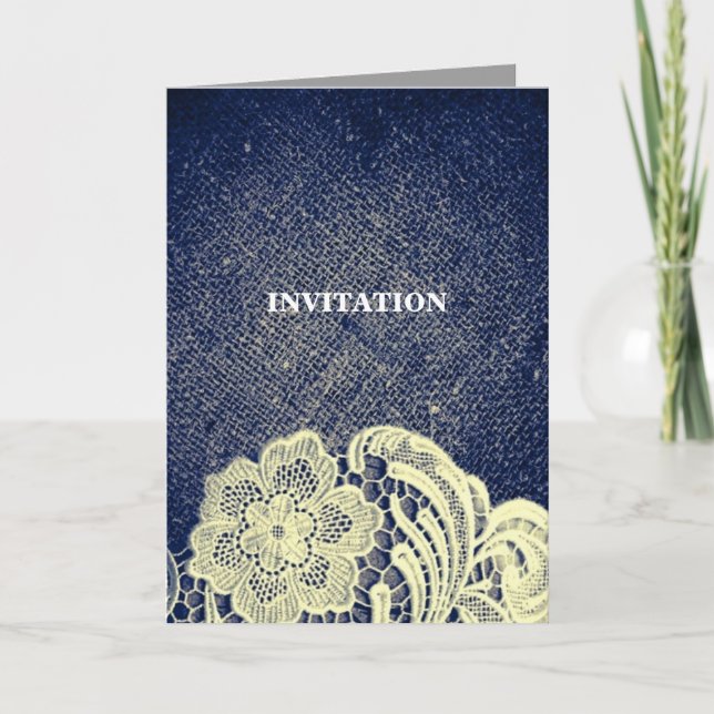 Invitation mariage country chic bleu marine toile de jute den (Devant)