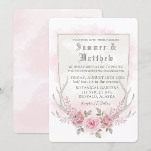Invitation Mariage Country Pink Grey Aquarelle Peony Antlers