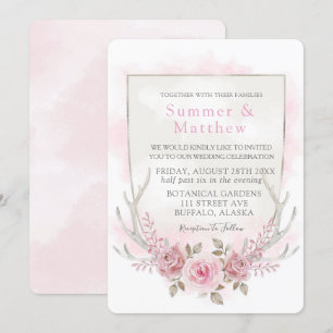 Invitation Mariage Country Pink Grey Peony Deer Antlers