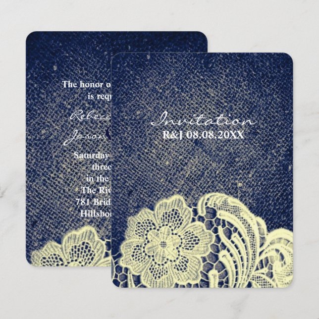 Invitation mariage country western rustique en jean bleu et d (Devant / Derrière)