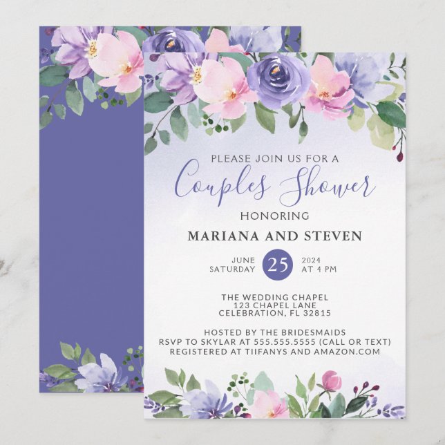 Invitation Mariage Couple Shower Fleurs Rose Pervenche (Devant / Derrière)