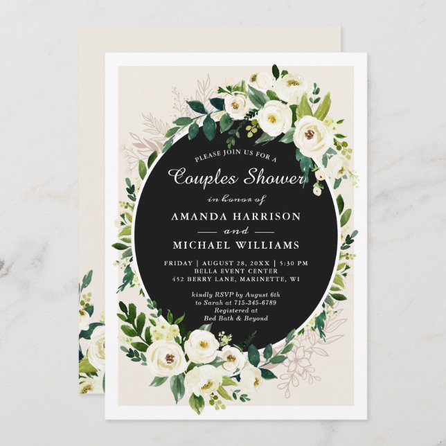 Invitation Mariage Couples Douche Verdure Fleurs blanches (Devant / Derrière)