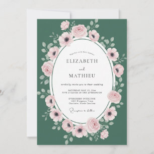 Invitation Mariage Couronne de Teinte Verte Chasseur et Rose