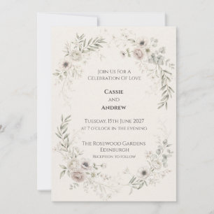 Invitation Mariage Couronne Florale Grise et Rose Tendre
