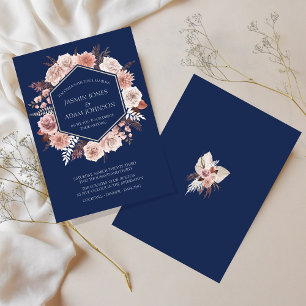 Invitation Mariage Couronne Florale Rose Bleu Nuit Bohème