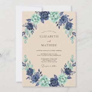 Invitation Mariage Couronne Peinte Indigo Aqua