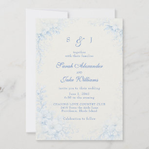 Invitation Mariage Crème Fleurie Chinoiserie Bleue