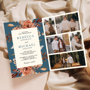 Invitation Mariage Crème Terracotta Floral Code QR Bleu Pouss