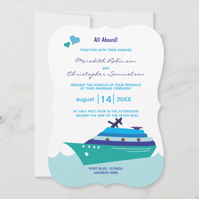 Invitation Mariage Cruise Ship All Aboard Blue Ship Hearts (Devant)