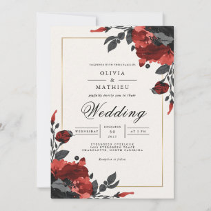 Invitation Mariage d'accents floraux rouges profonds
