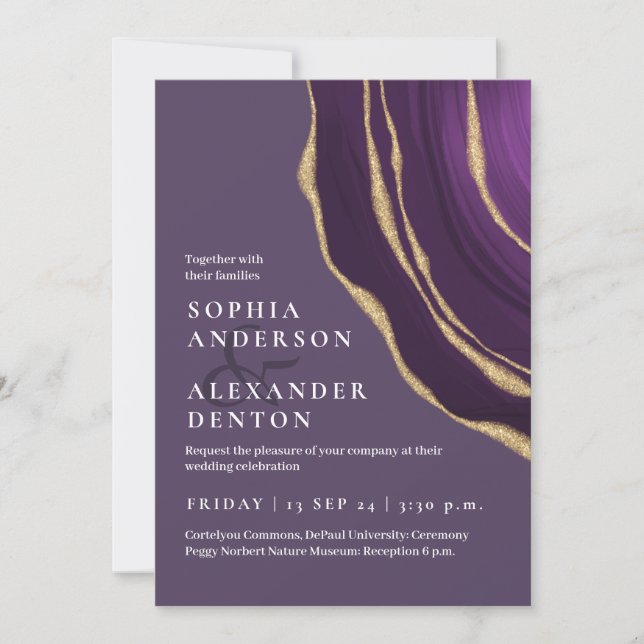 Invitation Mariage d'agate violet doré Lux (Devant)