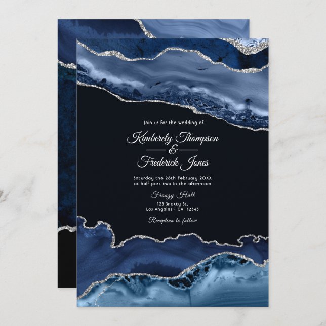 Invitation Mariage d'âge marine et argent (Devant / Derrière)