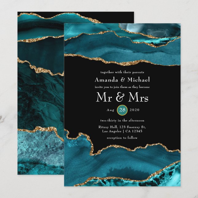 Invitation Mariage d'âge turquoise et Gold (Devant / Derrière)