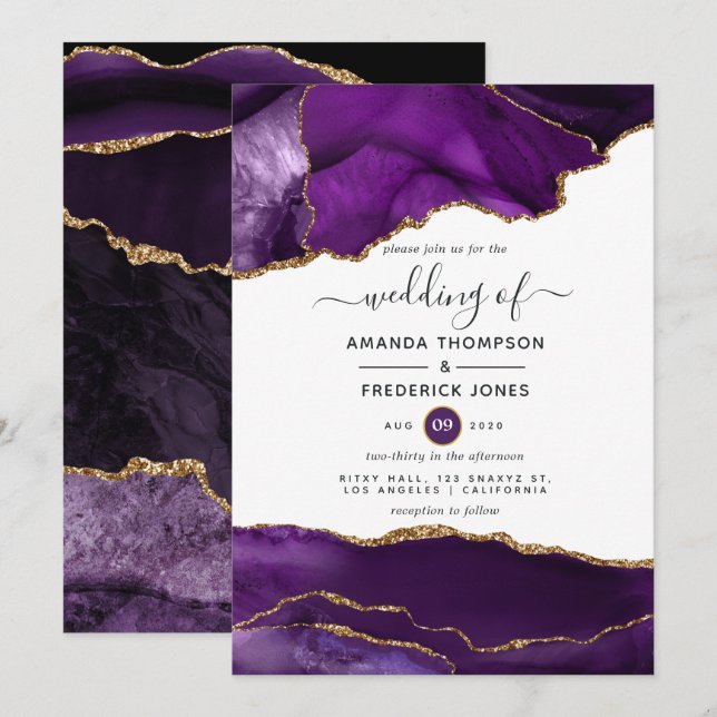 Invitation Mariage d'âge violet et or (Devant / Derrière)