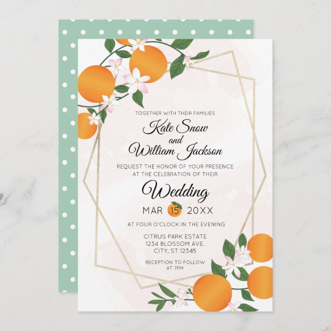 Invitation Mariage d'agrumes à fleurs orange (Devant / Derrière)
