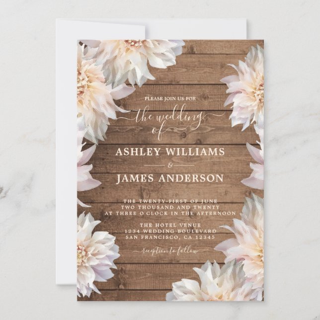 Invitation Mariage Dahlia rose Floral Rustique Bois (Devant)