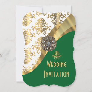 Invitation Mariage damassé de luxe vert clair et or