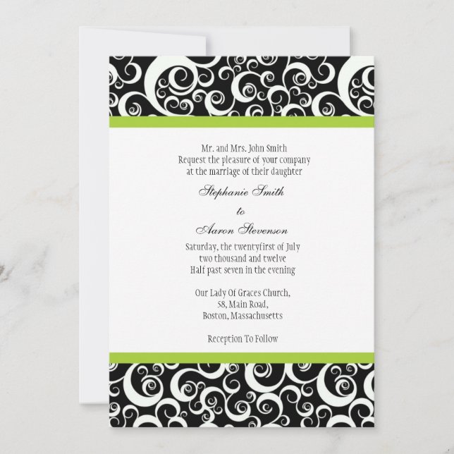Invitation Mariage damassé en noir et blanc avec v (Devant)