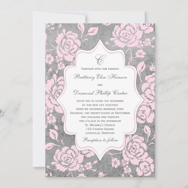 Invitation Mariage damassé Floral Blanc Gris Rose (Devant)