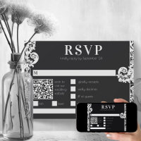 Mariage damassé florale moderne noir et blanc RSVP