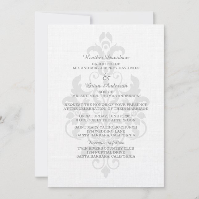 Invitation Mariage damassé gris subtil (Devant)