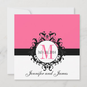 Invitation Mariage damassé Monogramme Rose Chaud