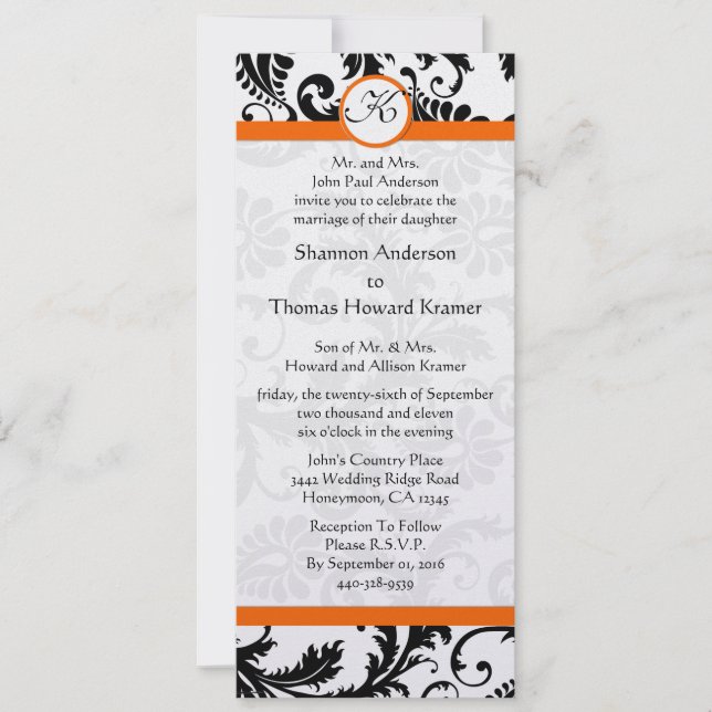 Invitation Mariage damassé noir et blanc orange (Devant)