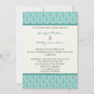 Invitation Mariage damassé romantique, Turquoise